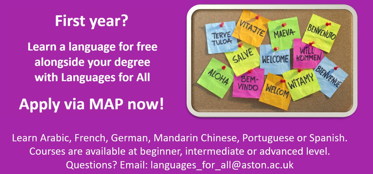 AstonSSH's tweet photo. First year? Want to boost your employability and gain a valuable life skill for free?
Learn Arabic, French, German, Mandarin Chinese, Portuguese or Spanish for free, alongside your degree.
Apply via MAP now! https://t.co/dq9Mg6zUoL
#AstonWelcomeWeek #AstonFreshers https://t.co/7gOiWQJAHi