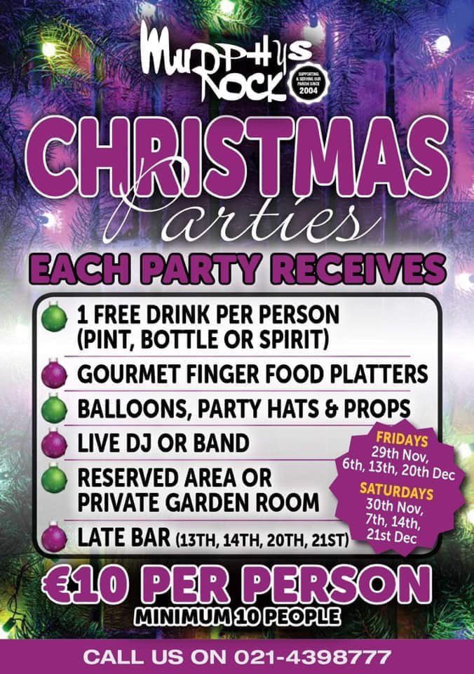 MurphysRockBar's tweet photo. Itβs the season to be jolly ... Book now for an incredible Xmas Party Celebration !! Call us on 021-4398777
#xmas #party #santa #murphysrock #prosecco #parish #15years https://t.co/eTeOf7GZLK