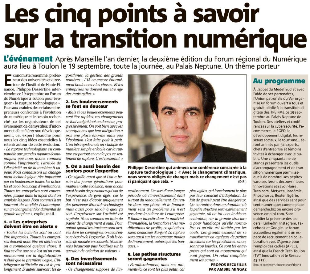 MEDEF_Sud's tweet photo. #FDNumSud | "Nous connaissons un changement #technologique très important (...). Ce sont les #entreprises qui sont en mouvement qui vont gagner."
➡️L'itw de @PhDessertine, qui clôturera le Forum du Numérique le 19.09 à #Toulon, est à lire dans @Var_Matin
➡️https://t.co/aY3e3yd4np https://t.co/vnfHqUSmjT