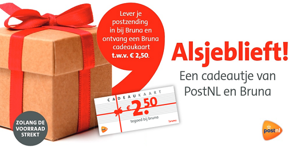 We hebben nu een leuke actie met <a href="/PostNL/">PostNL</a> in onze winkels: als je een postpakket bij ons frankeert, krijg je een Bruna cadeaukaart t.w.v. €2,50 🎁. Hier vind je de voorwaarden: bit.ly/PostNLKado19 #actie #kado