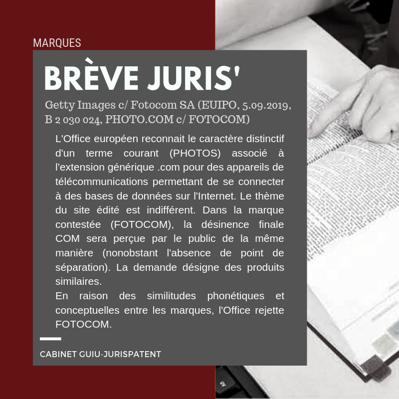 CabinetGuiu's tweet photo. [BREVE JURIS' MARQUES] Getty Images c/ Fotocom SA (EUIPO, 5.09.2019, B 2 030 024, https://t.co/zR8z8LM6ov c/ FOTOCOM).
#marques #marque #EUIPO #caractère #distinctif #nomdedomaine #nom #domaine #générique #pointcom #dotcom https://t.co/ONcI8azv4g