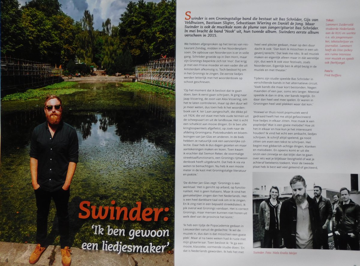prico59's tweet photo. In mei verscheen het tweede album van de Groningstalige band Swinder, 'Nosk'. Als je wilt weten wat 'nosk' betekent, lees dan mijn interview met zanger/gitarist en liedjesmaker Bas Schröder in BLAD 11.
#blad #groningen #muziek #swinder https://t.co/3bW5tQGK67