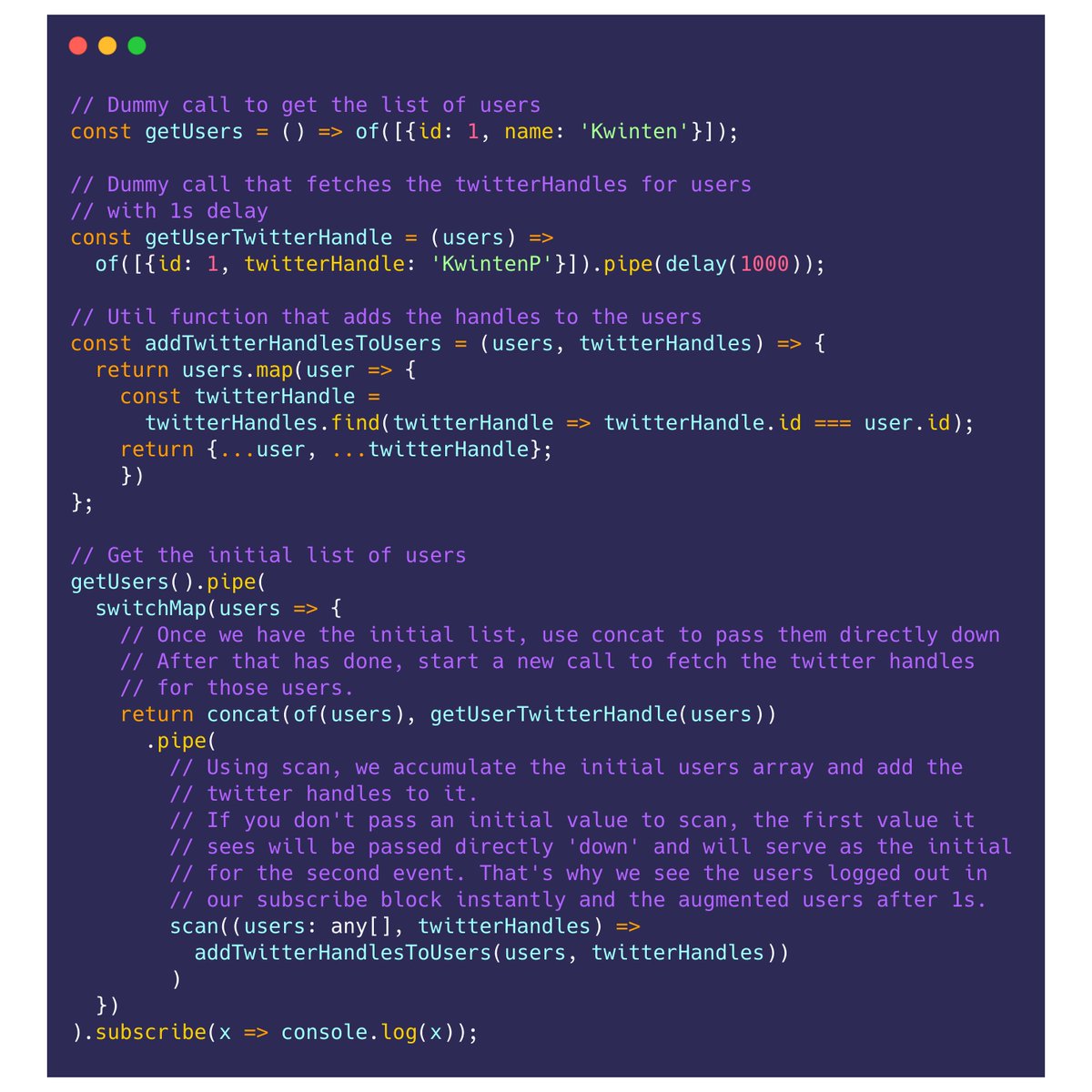 #RxExampleOfTheDay Progressive data enhancement with #RxJS. 

If data fetching means going to two API's, you can already show the result of the first call and enhance that data (and view) when the second call arrives.

Stackblitz: stackblitz.com/edit/rxjs-prog…

Blog post coming soon😊