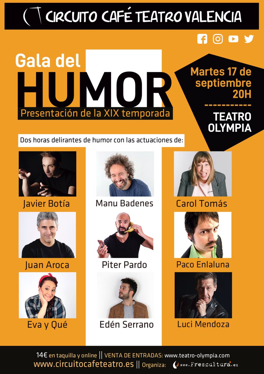 El Circuito Café Teatro Valencia inicia la XIX temporada con su tradicional gala del humor el martes 17/9 a las 20h. en el  <a href="/teatroolympia/">Teatro Olympia</a> <a href="/cctval/">Circuito Café Teatro Valencia</a> bit.ly/2mipe1w