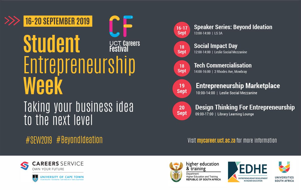 dschoolUCT's tweet image. We're proud to be involved in the University of Cape Town Student Entrepreneurship Week. We're all about empowering students to find solutions through creative thinking. Opportunities are there for the making. More info careers.uct.ac.za/cs/student_ent… @ched_uct @UCTGSB @UCT_news #SEW2019