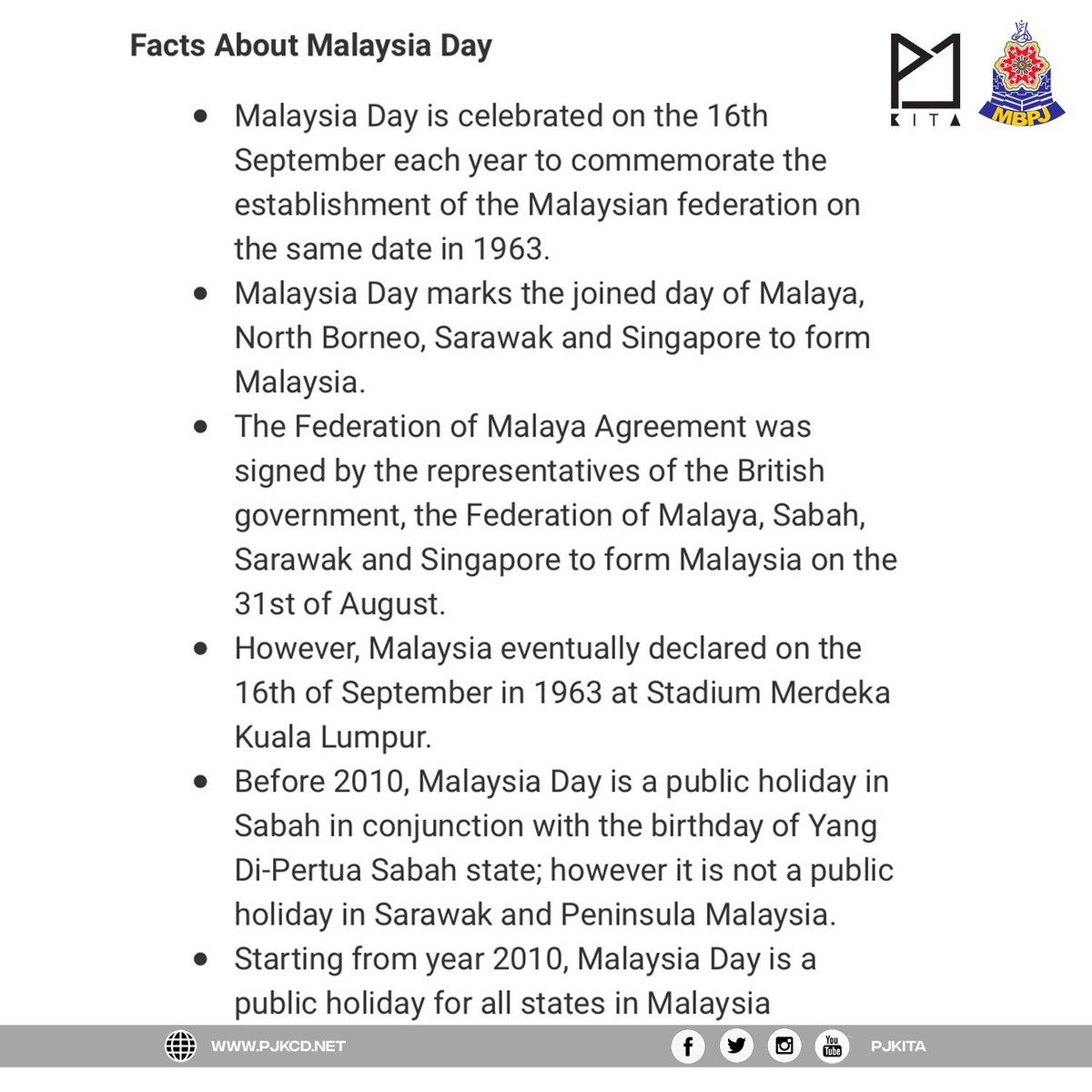 Happy Malaysia Day from PJ Kita. We are all a proud bunch of Anak Malaysia. Today we celebrate, and we are also going to share some facts about Malaysia Day.
#PJKita #MalaysiaDay #ProudMalaysian