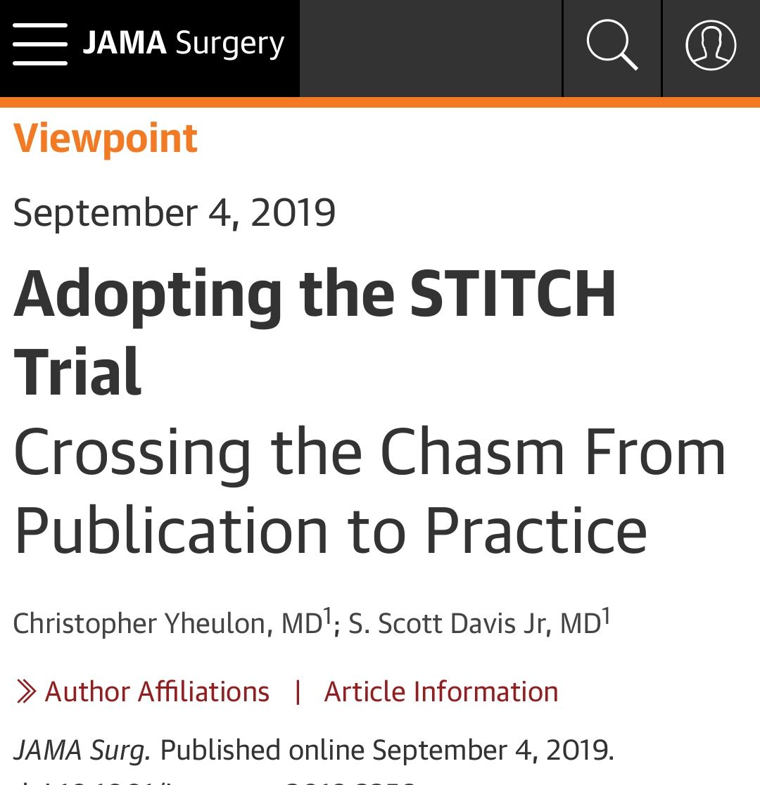 buff.ly/2N3R9OT Adopting the #STITCH Trial: Crossing the Chasm From Publication to Practice.
#HerniaSurgery #OpenAccess #SoMe4Surgery #HerniaPrevention #StopTheBulge #SurgTweeting