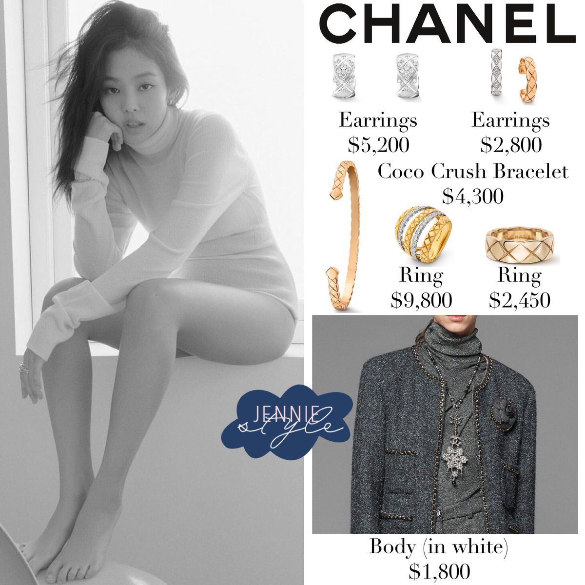 X 上的Jennie Style：「Jennie for ELLE Korea x CHANEL CHANEL Coco Crush Jewelry  & 1️⃣Blouse €3,970 / $4,400 2️⃣Jacket $6,500 & Belt $975 #jennie #jenniekim  #blackpink⁠ #blackpinkfashion #blackpinkstyle #jenn
