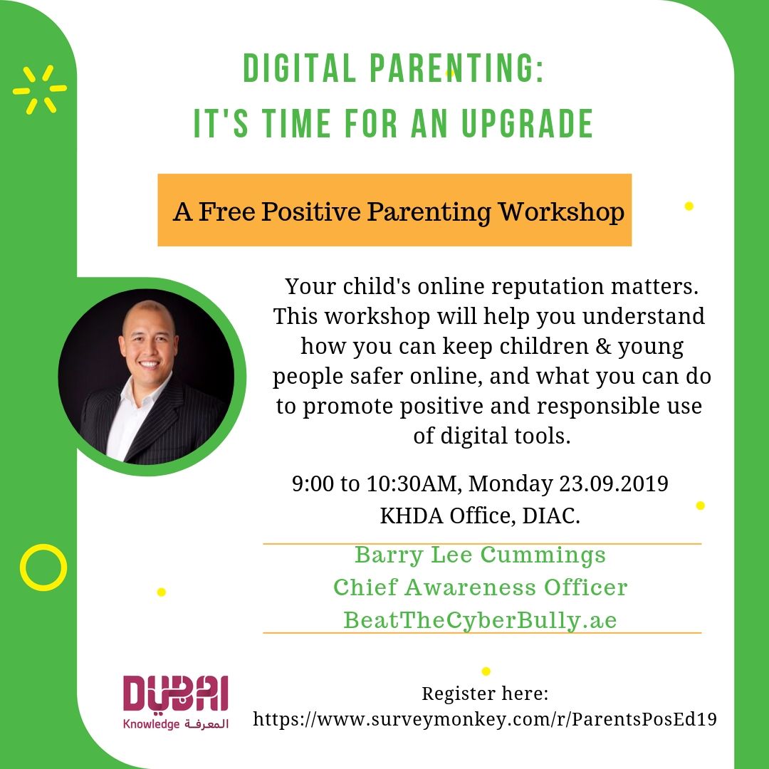 KHDA's tweet photo. Our parent workshops are back! “Digital Parenting: It’s time for an upgrade” with Barry Lee Cummings from @CyberSafetyUAE delivers this awesome workshop about online safety. Monday, 23 September. Register: https://t.co/Blqjj3yWr0 #ParentsPosEd https://t.co/AG7Xb2WMaR