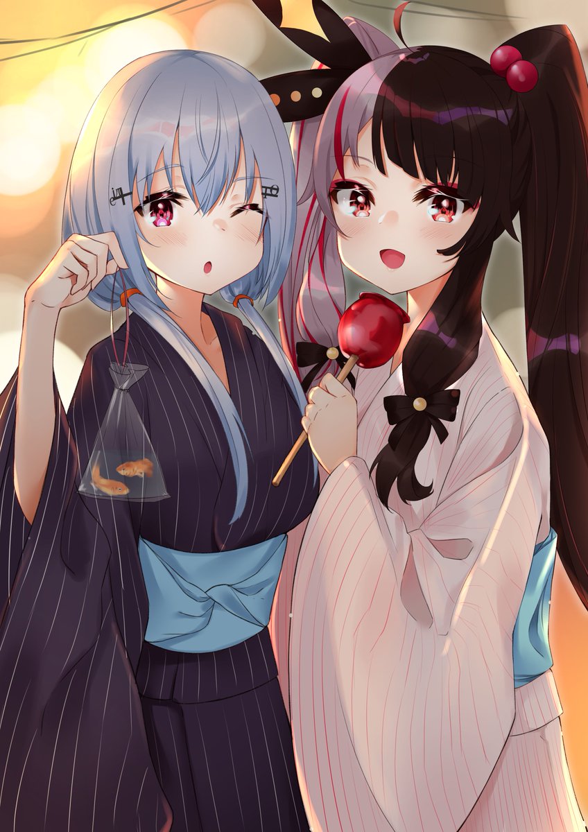 multiple girls 2girls split-color hair fish food japanese clothes kimono  illustration images