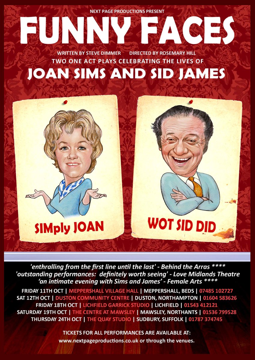 Caroline Nash Next Page (@nextpageprods) on Twitter photo 'Funny Faces', two plays based on the lives of #sidjames & #joansims <a href="/Duston_PC/">Duston_PC</a> Don't miss it. BOOK NOW bit.ly/SIDNJOAN <a href="/NrthmptonEvents/">NN Events</a> <a href="/BBCNorthampton/">BBC Northamptonshire</a> <a href="/NptonNewsReview/">Northampton News Review</a> @DramaUoN @whitecobra2 <a href="/TheNeneQuirer/">The NeneQuirer</a> <a href="/northamptonlove/">Northampton Love</a> <a href="/NrthmptonEvents/">NN Events</a> October 12th 'Funny Faces', two plays based on the lives of #sidjames & #joansims <a href="/Duston_PC/">Duston_PC</a> Don't miss it. BOOK NOW bit.ly/SIDNJOAN <a href="/NrthmptonEvents/">NN Events</a> <a href="/BBCNorthampton/">BBC Northamptonshire</a> <a href="/NptonNewsReview/">Northampton News Review</a> @DramaUoN @whitecobra2 <a href="/TheNeneQuirer/">The NeneQuirer</a> <a href="/northamptonlove/">Northampton Love</a> <a href="/NrthmptonEvents/">NN Events</a> October 12th