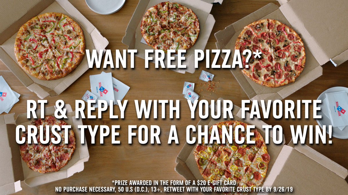 dominos's tweet image. We're giving away FREE 🍕!

RT and reply with your favorite crust type below for a chance to #WinDominosPizza! Rules: bit.ly/2N1MPP5

🍕 Hand Tossed
🍕 Handmade Pan
🍕 Brooklyn Style
🍕 Crunchy Thin Crust
🍕 Gluten Free