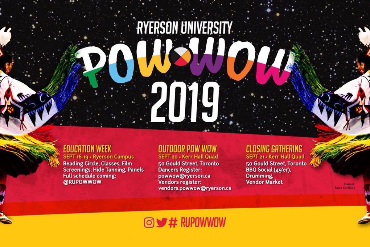 RyersonRC's tweet photo. Ryerson Powwow 2019 &amp; Education Week starts today! ✨#RUpowwow 
-
-
-
-
#MyRyerson #RyeRes #Ryerson #Toronto https://t.co/9JqvS9OqgK