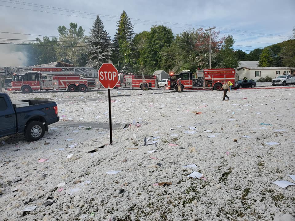 WGME's tweet image. #BREAKING: Terrifying photos of the aftermath of the massive explosion in Farmington. One firefighter is dead and at least 6 people are injured, according to officials. (Courtesy: Jacob Gage) &amp;gt;bit.ly/2lSRWFU