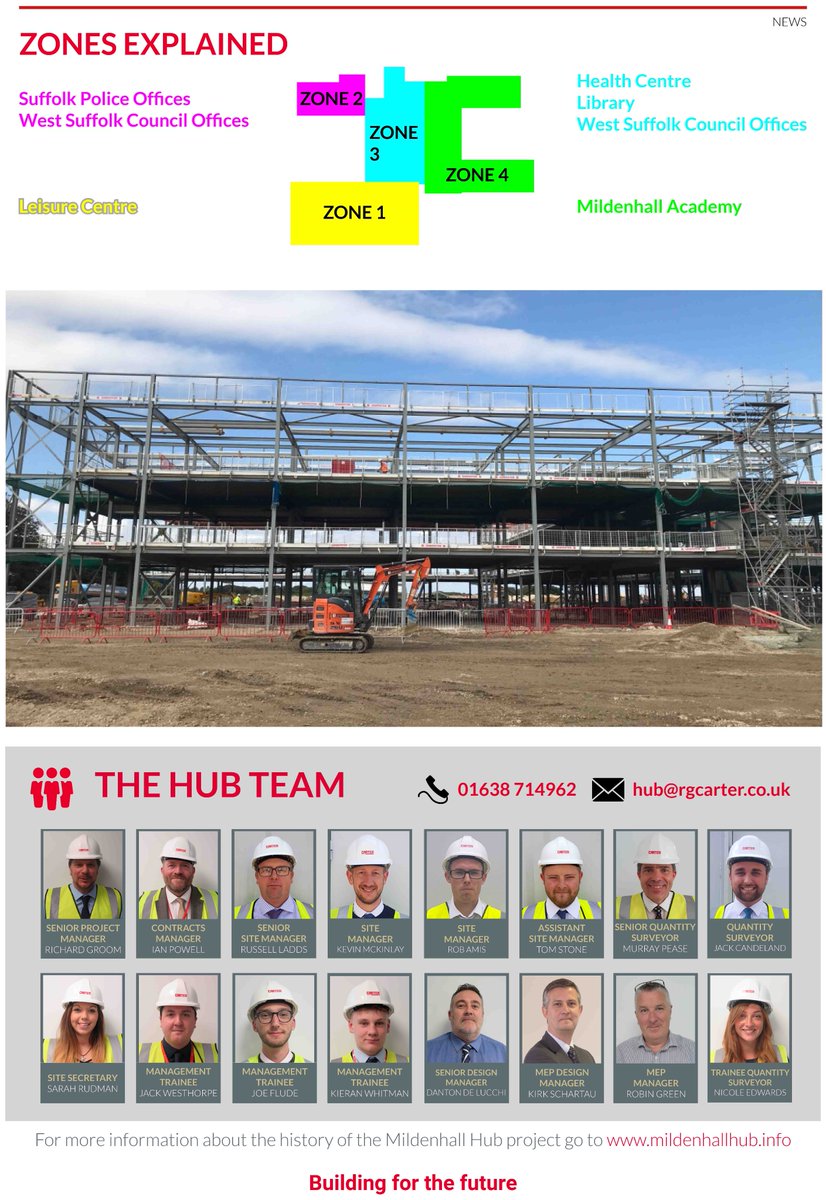 Work on the steel frame for #MildenhallHub is progressing and RG Carter who are carrying out the construction are producing a monthly newsletter, attached. The Mildenhall Hub includes a new school, leisure facilities and library as well as community and public services.