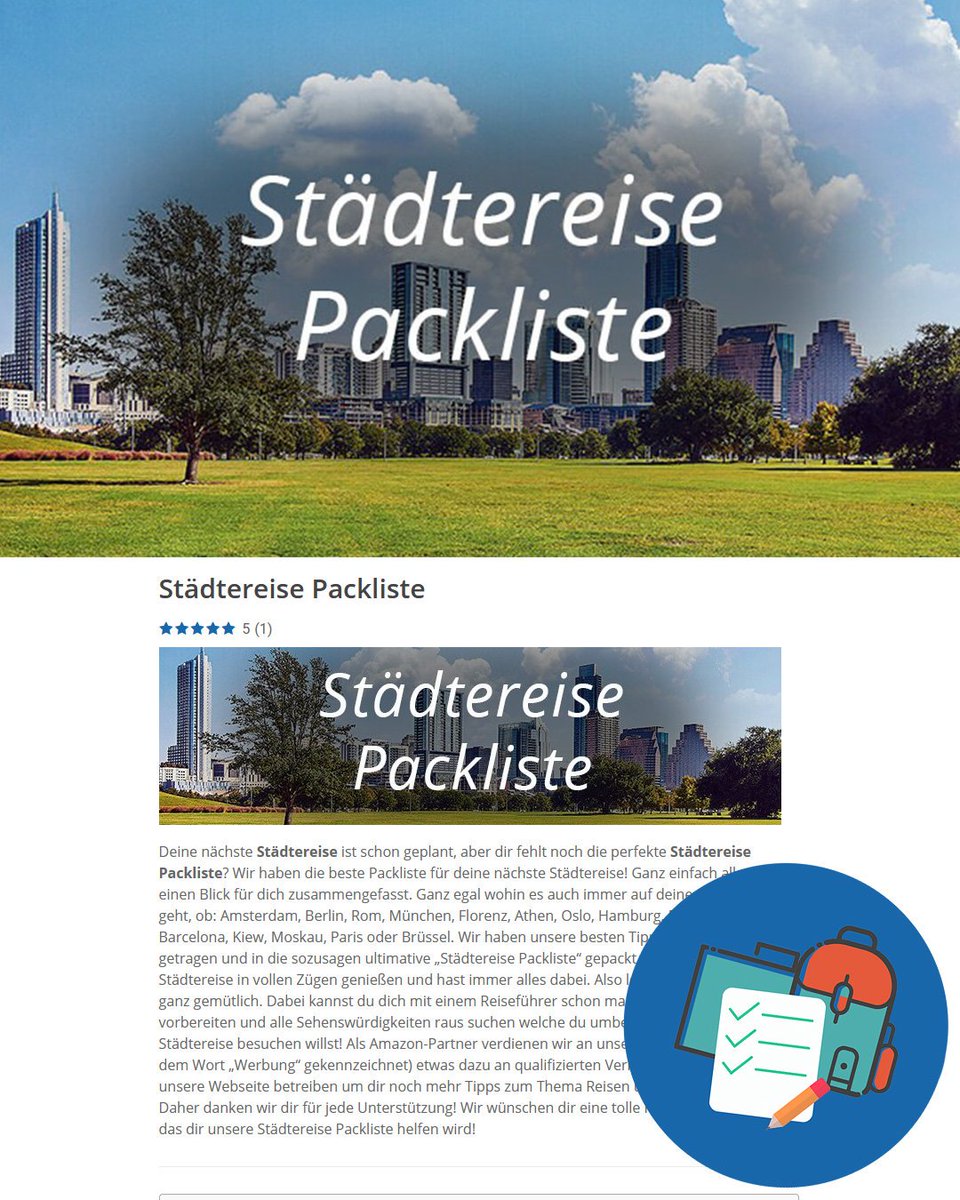 Städtereise #Packliste! Alles dabei und nichts vergessen. Deine nächste #Städtereise ist schon geplant, aber dir fehlt noch die perfekte Städtereise Packliste? packliste.biz/staedtereise-p…

#reise #urlaub #stadt #sehenswürdigkeiten #packlisten #packen #koffer #travel #städtetrip #city