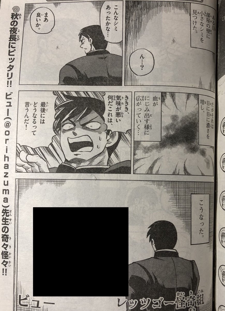 発売中のゲッサン10月号の巻末コーナー『このマンガがうずく!』に、レッツゴー怪奇組の番外編(5ページ)が載ってます。壁のシミがどうなったのか、是非本誌でお確かめ下さい! 