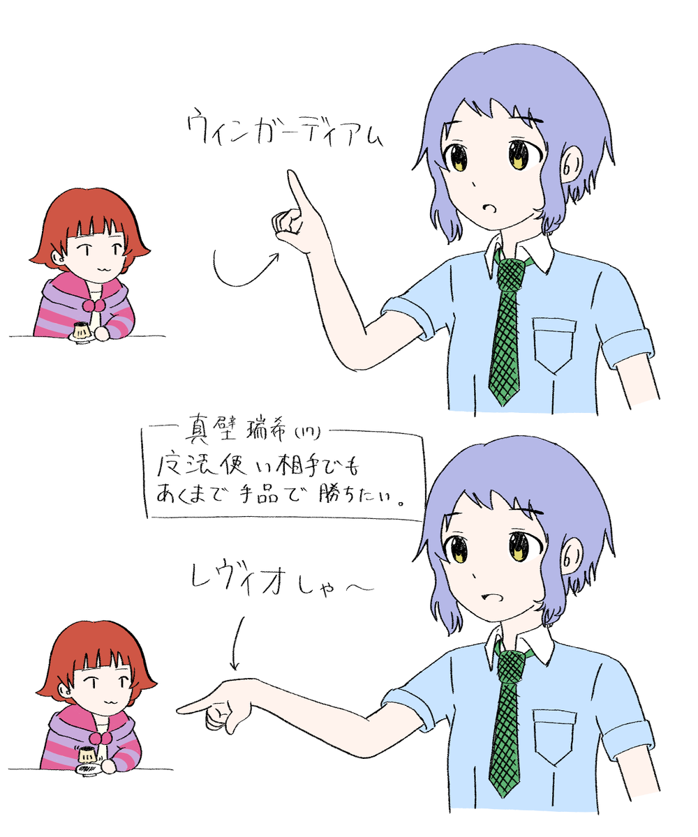 モノを浮かせるマジックを練習する真壁と
アドバイスする周防と
見守る野々原 