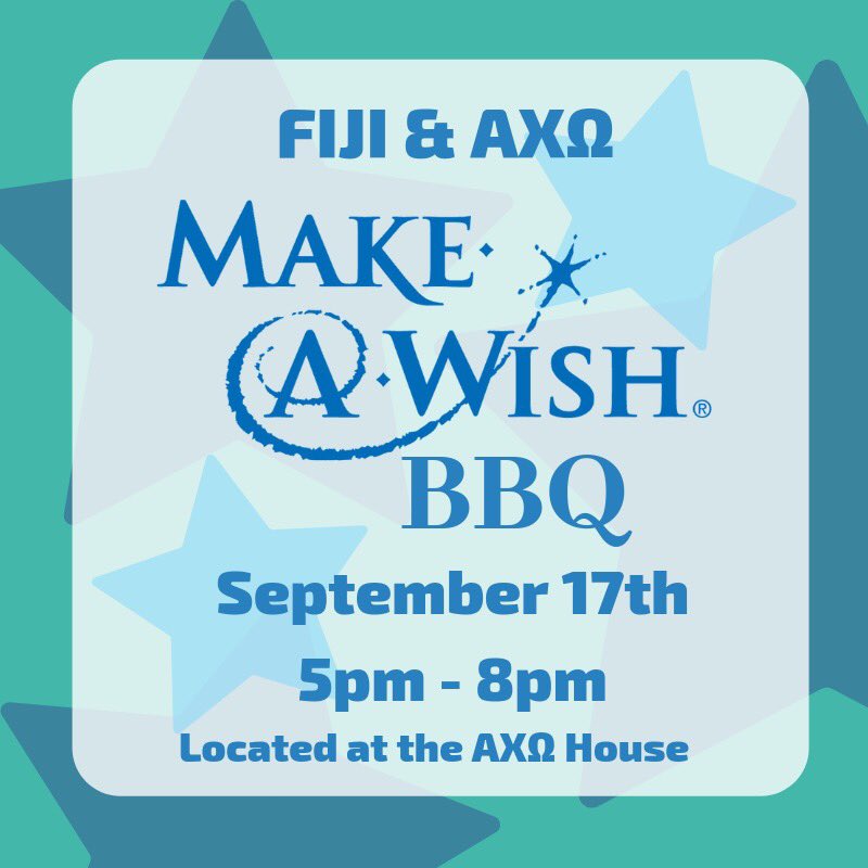 AXOZetaSigma's tweet photo. Come out to our Make-A-Wish BBQ tomorrow with @MoStateFIJI from 5pm-8pm to support Colston and help make his wish come true! #MakeAWish ⭐️
https://t.co/gileuGVECV https://t.co/oL0YvK7cbj