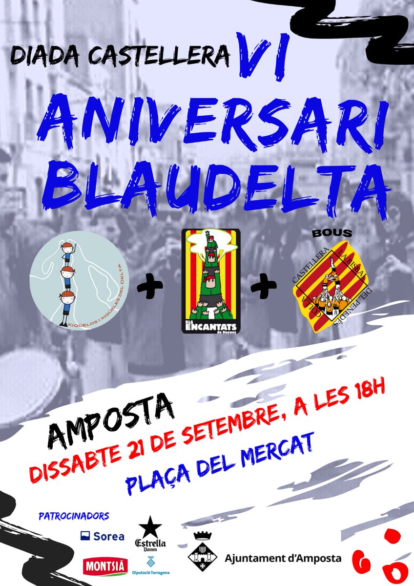 BlauDelta's tweet photo. Bona tarda! Estem molt contents d'anunciar-vos que aquest dissabte 21 a les 18h celebrem el VI aniversari #Blaudelta. Actuarem a la plaça del mercat d'Amposta amb els @EncantatsBegues i els @BousBisbal
#castelleres #castellers https://t.co/0jjFrRacSA