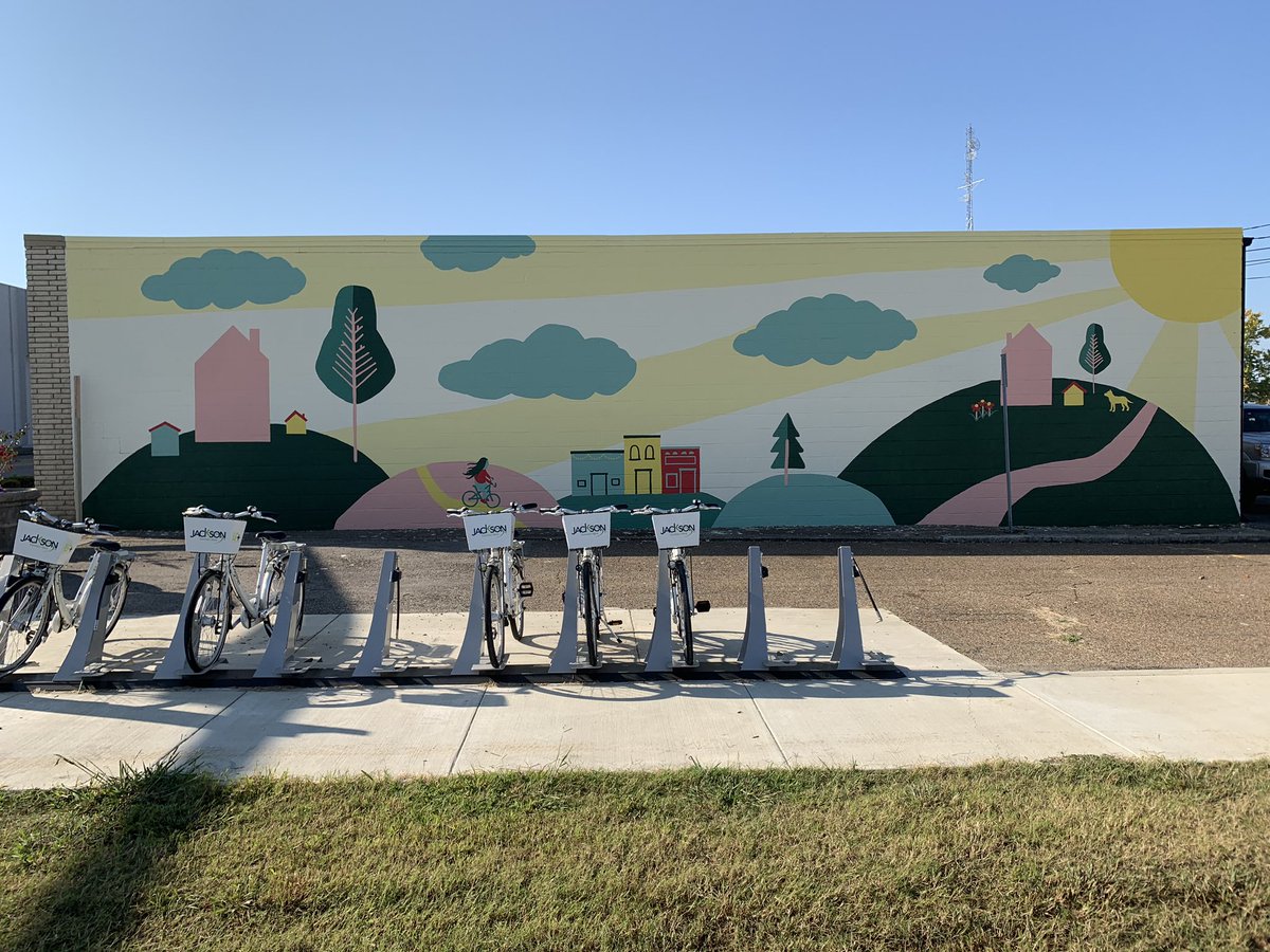 MayorConger's tweet photo. Imagine what we can accomplish when give just a little bit of ourselves.
As you drive into Downtown Jackson today, take a look at the beautiful mural behind the bike-share station. Courtney Searcy did a phenomenal job! https://t.co/JFCwoewTkZ