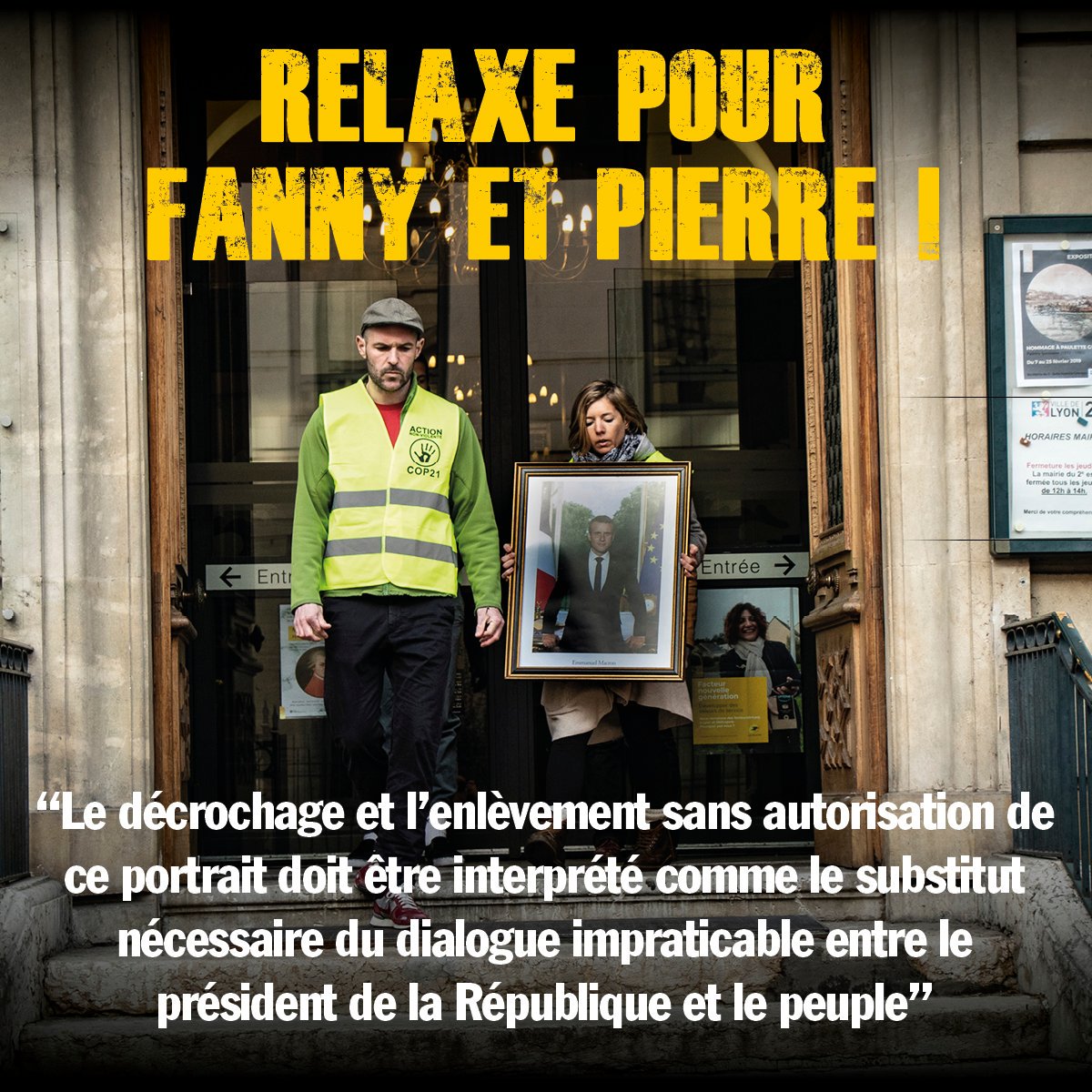 AnvCop21's tweet photo. I COMMUNIQUÉ DE PRESSE I 📣

🎊 Lyon : les décrocheurs relaxés, l’inaction climatique du gouvernement reconnue

⏯️ Lire le communiqué : https://t.co/6AiMpJotT3

#DécrochonsMacron
#RentréeAuTribunal https://t.co/MRcoILzn79