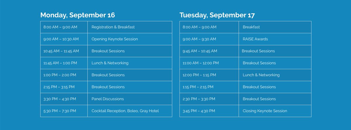 OneCause's tweet image. Let's get this #2019RAISE party STARTED! It's time to learn from leading fundraising experts in our #BreakoutSessions. Who are you most excited to hear from? Click the link below for the schedule! #FearlessFundraisers