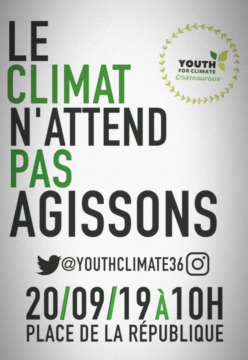YouthClimate36's tweet photo. La journée internationale de la jeunesse pour le climat, c'est vendredi ! Comme à notre habitude, une manifestation aura lieue de 10h à midi dans le centre-ville de Châteauroux. Relayez l'information autour de vous et partagez nos publications sur nos réseaux sociaux. ✊💚🔃 https://t.co/Yd8flJ7i56