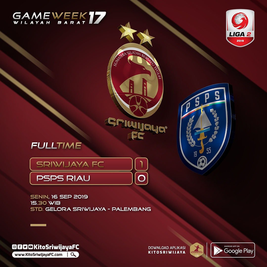 FULL TIME
Gol tunggal #LaskarWongKito berhasil dicetak oleh Anis Nabar pada babak kedua.

#DukungSFC #KembaliKeLiga1 #KitoSriwijaya #KitoPacak #DigiAsiaBios #DigiSportAsia