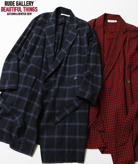 RUDE GALLERY ローブ コート ガウン チェック 黒 グレー コットン