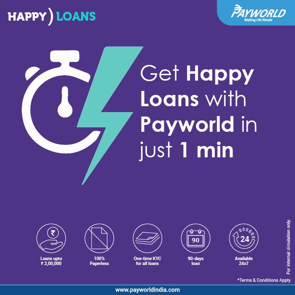payworld's tweet photo. Getting loans is a long and tedious procedure. The high interest rates on top of it could make things even difficult. Introducing Happy Loans with Payworld (available 24X7), you can avail loans up to Rs 2,00,000 with just one-time KYC, no paper work involved!T&amp;C apply.#happyloans https://t.co/zNb6N1NiRd