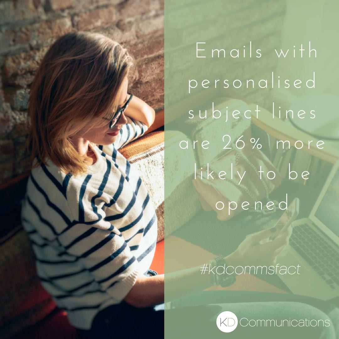kathrynbaird_'s tweet photo. Did you know that emails with a personalised subject lines are 26% more likely to be opened than those without? Are your emails personalised? #kdcommsfact #emailmarketing https://t.co/Vq1zt6FFHM