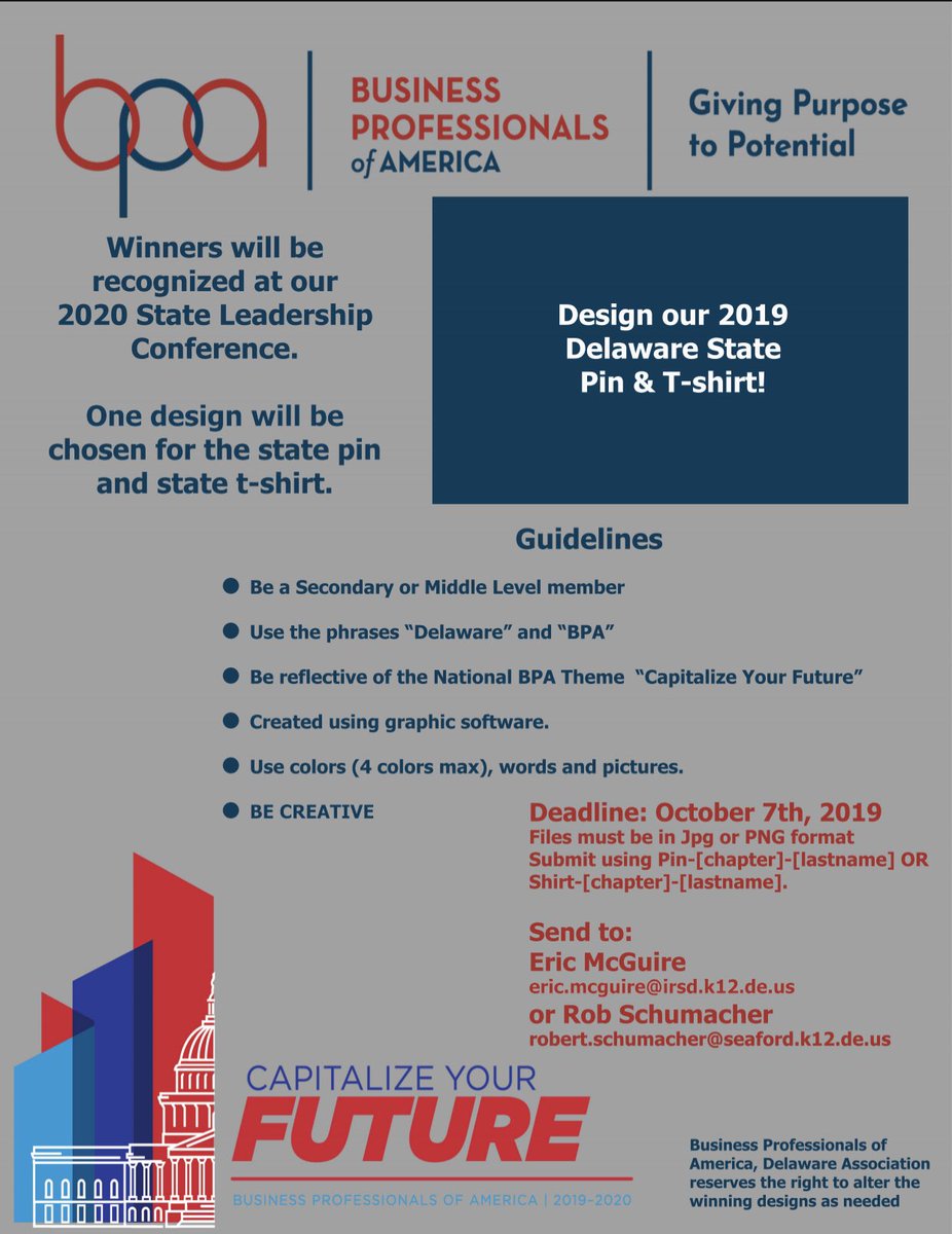 Delaware_BPA's tweet photo. Calling all design artists!!! Time to put your skills to the test. This is an opportunity where you can be the one to design the #Delawarebpa State Pin or T-shirt. Instructions are above contact your advisor or your SOLT for more info. #capitalizeyourfuture #bpaallday https://t.co/KLuQ70wOGZ