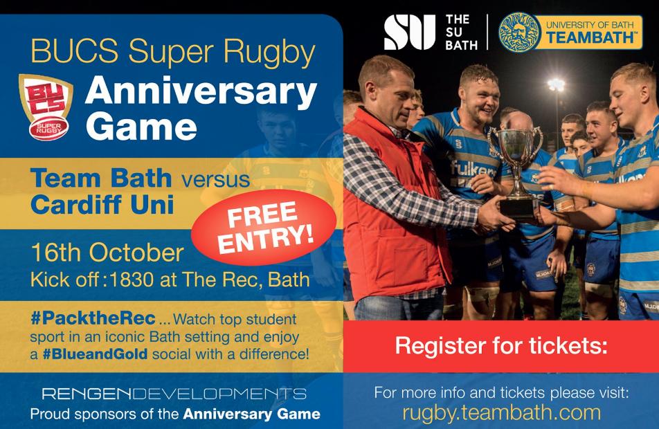 TeamBath's tweet photo. Just 1⃣ day to go until the #AnniversaryGame at The Rec, home of @bathrugby.
🏉 @UOBathRugby v @CardiffUni_RFC
🗓️ Wednesday, October 16
🕡 6.30pm kick-off
🎟️ Free entry!
Register for free tickets at https://t.co/rPnZR4lnxT
#PackTheRec https://t.co/TE8AIDIV5K