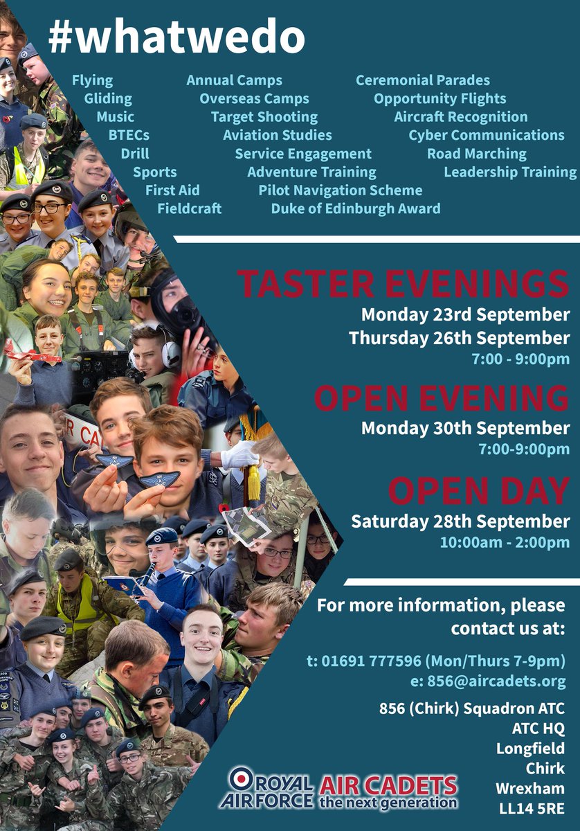 Aged 12-17 or know someone who is?
We're Recruiting! Join us for Taster Evenings and our Open Day to find out #whatwedo as #aircadets! <a href="/StMSNews/">St Martins School</a> <a href="/YDB_Official/">Ysgol Dinas Brân</a> <a href="/YsgolRhiwabon/">Ysgol Rhiwabon</a>