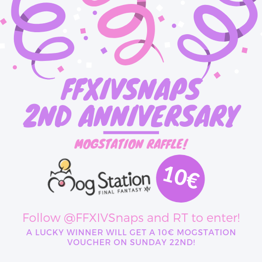 FFXIVSNAPS's tweet photo. 🎉THANK YOU, SNAPPERS!🎈

On Sept 19th we'll celebrate 2 years since we open  @FFXIVSnaps, and we want to thank you for your endless support with a giveaway!

Follow us and RT this post to enter the raffle, one winner will get a 10€ MogStation voucher on Sunday 22nd. Good luck! https://t.co/0mYyaWCGkm