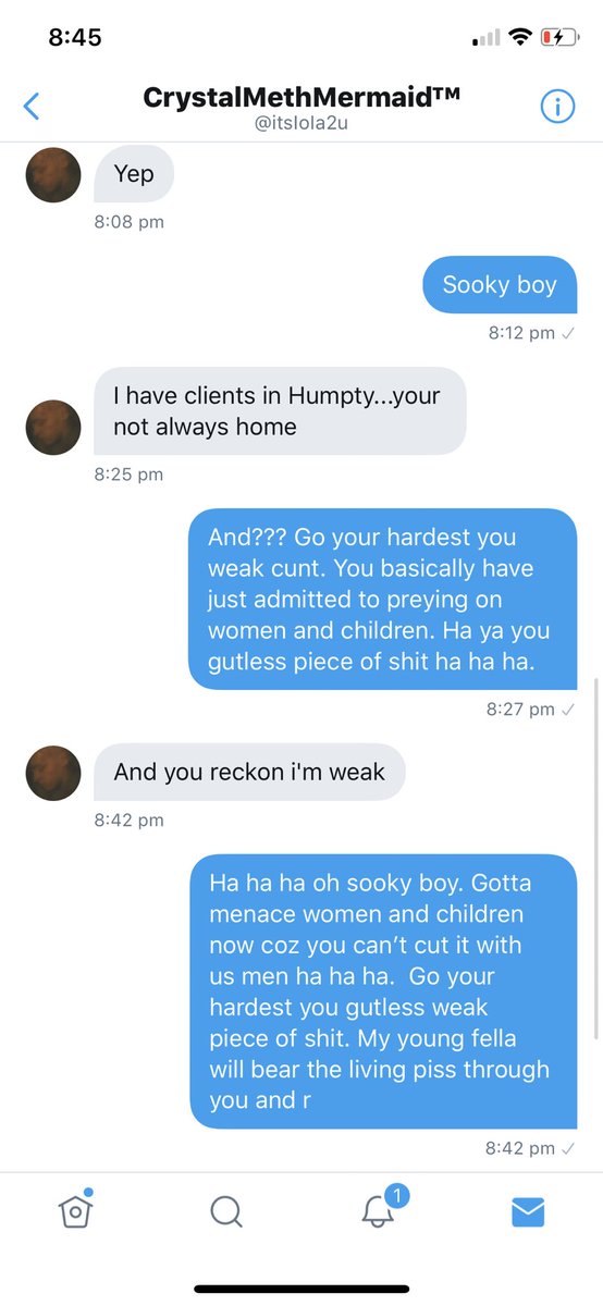 Look at this hero people. He’s just said he’s willing to attack my property with his ‘clients’ when I aren’t there. Only Bec and the kids. What an absolute hero. My boy and dogs will sort them out anyway.