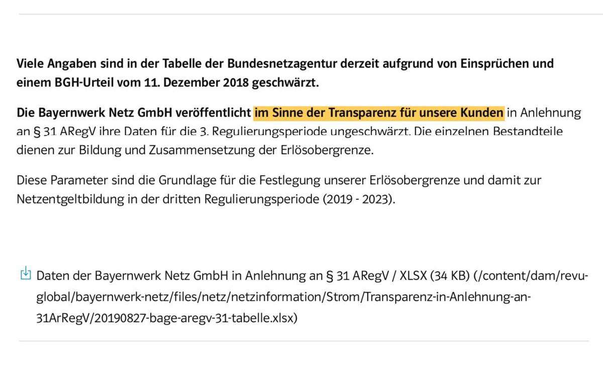 Schritt in die richtige Richtung für #Transparenz der #Stromnetzkosten:
<a href="/eon/">eon joubert</a>-Netzgesellschaften veröffentlichen jene Daten, die <a href="/BGH_Bund/">Bundesgerichtshof</a> Ende 2018 der <a href="/bnetza/">Bundesnetzagentur</a> zu publizieren untersagt hat (weil die Daten „Geschäftsgeheimnisse“ seien...)
Bsp. @Bayernwerk:
bayernwerk-netz.de/content/dam/re…