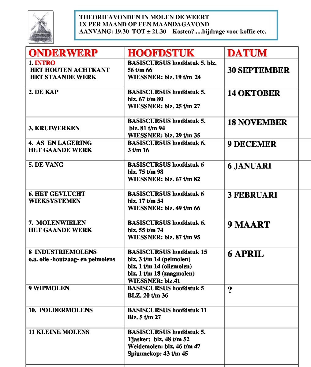 Mosterdmolenaar worden? Het kan!
Maandagavond 30 september beginnen de theorieavonden voor molenaars in opleiding weer. Aanvang 19.30 uur in molen de Weert. Je bent van harte welkom!