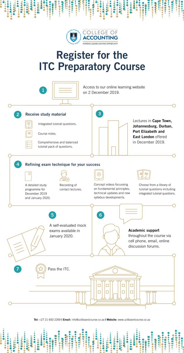Registrations for our ITC Preparatory Course is open. Let us help you prepare for the January 2020 ITC.
To register, click here uctboardcourse.co.za/register-itc/