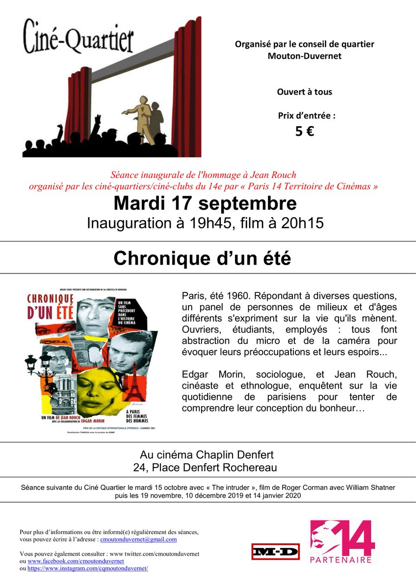 cmoutonduvernet's tweet photo. Ce mardi 17 septembre, notre séance mensuelle de ciné-quartier @cmoutonduvernet sera aussi la séance inaugurale de l'hommage à Jean Rouch
organisé avec les ciné-quartiers/ciné-clubs du 14e par @Paris14Cinema : rendez vous à 19h45 pour l'inauguration, à 20h15 pour le film https://t.co/ASNDiPWZPM