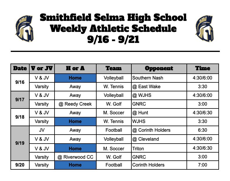 Come out to cheer on the Spartans this week as most teams start conference play! #SSS50
<a href="/mcgrathkate14/">Coach Mac</a> <a href="/SSS_SpartanFB/">SSS Football</a> <a href="/tennis_sss/">SSS_Tennis 🎾</a> <a href="/SSS_XC/">SSS Cross Country</a> <a href="/JCPS_Athletics/">JCPS_Athletics</a> <a href="/SSS_MensSoccer/">SSS_Mens Soccer</a> <a href="/SSS_Spartans/">SSS High School</a> <a href="/DavidKAllen_/">David K. Allen</a> <a href="/SssVball/">SSS_Vball</a>
