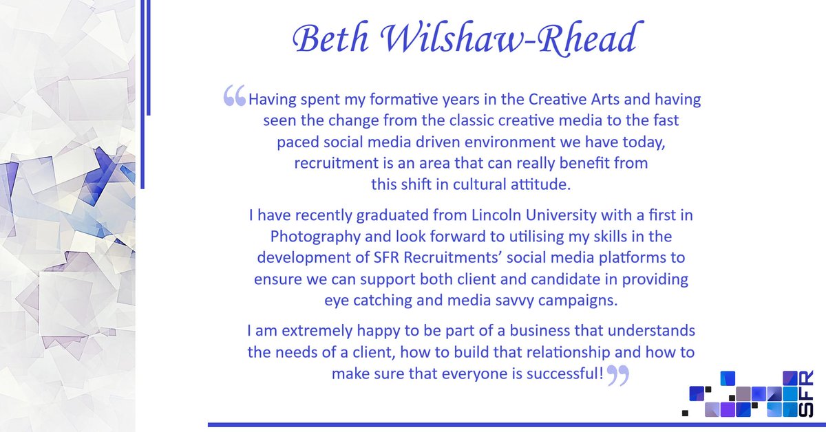 Meet Beth! 
Beth has joined us today as our Media Executive. She is a creative guru and we are pleased to have her as a part of our team. 

sfrrecruitment.co.uk

#hardware #sales #construction #careers #recruiting #socialnetworking #consultants #jobinterviews #architectural
