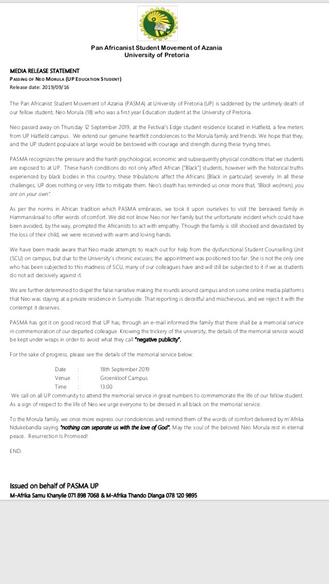 We are suffocating at <a href="/UPTuks/">University of Pretoria</a> and end up taking our lives.
Please help <a href="/depressionnote/">Clinically Alive</a> <a href="/JacksonMthembu_/">Minister Jackson Mthembu</a> <a href="/ButiManamela/">Buti Manamela</a> <a href="/SundayIndy/">Sunday Independent</a> @SundaySunSA <a href="/mailandguardian/">Mail & Guardian</a> <a href="/iamthabomdluli/">Thabo:@Newzroom405</a> <a href="/JJTabane/">Prof Onkgopotse JJ Tabane</a> <a href="/TuksFM1072/">TUKS FM 107.2</a> <a href="/tawanakupe/">tawana kupe</a> <a href="/MentalHealthRSA/">Mental Health RSA</a> <a href="/realwarriors/">Anand Kumar Choubey</a> @ThoLI_Tee 

#WhoElseMustDie