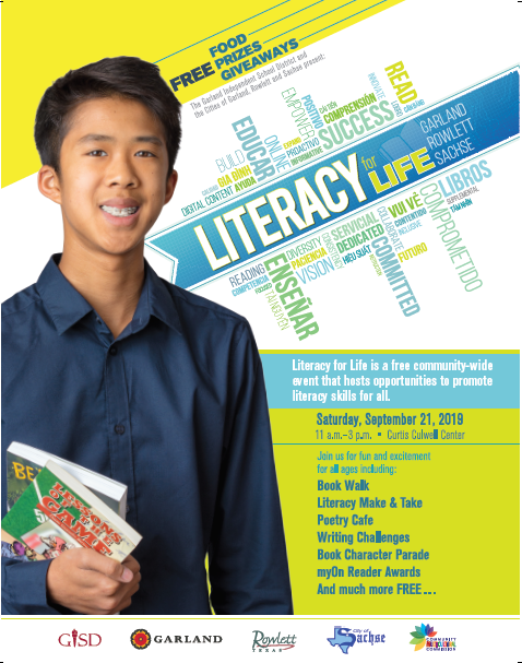 Hey @RHS_Eagles GISD's Literacy for Life event is this weekend. This free event promotes literacy within our community & offers free food, prizes and giveaways! See you Sat. Sept 21st from 11am to 3pm! #rhsreads #gisdlibraries #literacyforlife