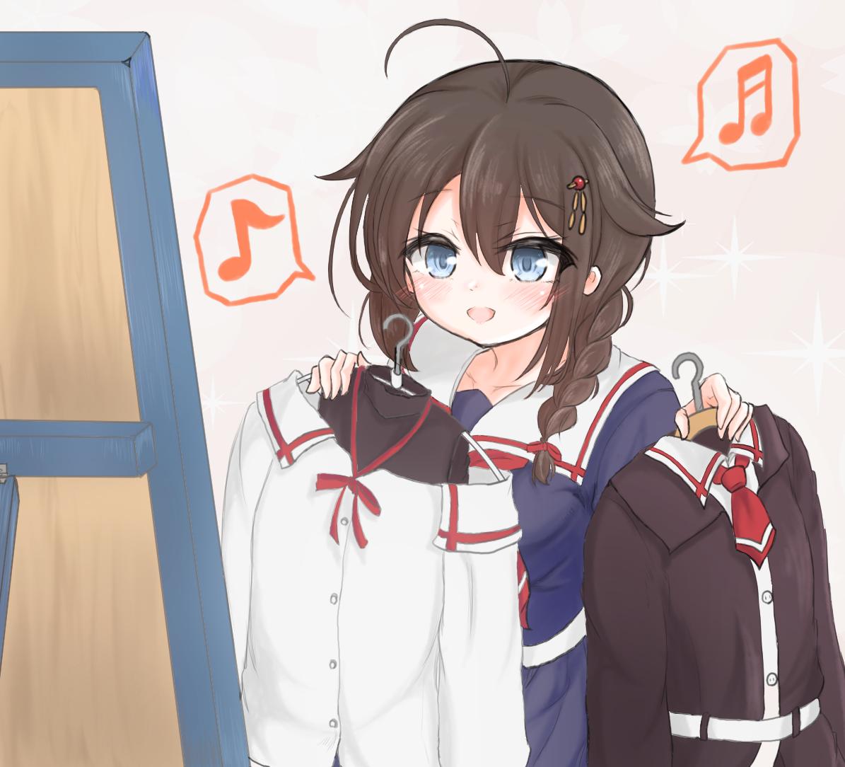 shigure (kancolle) ,shigure kai ni (kancolle) 1girl braid solo clothes hanger blue eyes ahoge musical note  illustration images