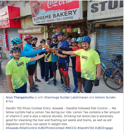 chennaicyclists's tweet photo. #JBCPhotoContest on 11 Vows of GandhiJi. Entries of Day 1 #DietControl #BodilyLabor #Fearlessness
#Gandhi150 celebration ride
powered by #WCCG #JustBuyCycles #ICON #LionsClub https://t.co/YbDGsOYwqI