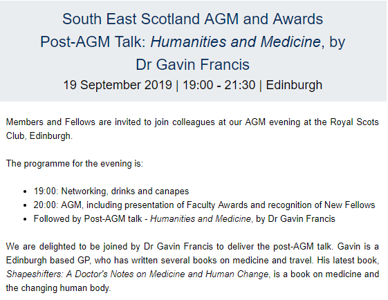 RCGPSEScot's tweet photo. COMPLIMENTARY EVENT: 
This Thursday (19th Sept), Dr Gavin Francis will be giving a talk on Humanities and Medicine, as part of our AGM evening. Drinks and canapes served. Register for your free ticket today:
https://t.co/XdsQvPzbrP https://t.co/r8J9v0RhLE