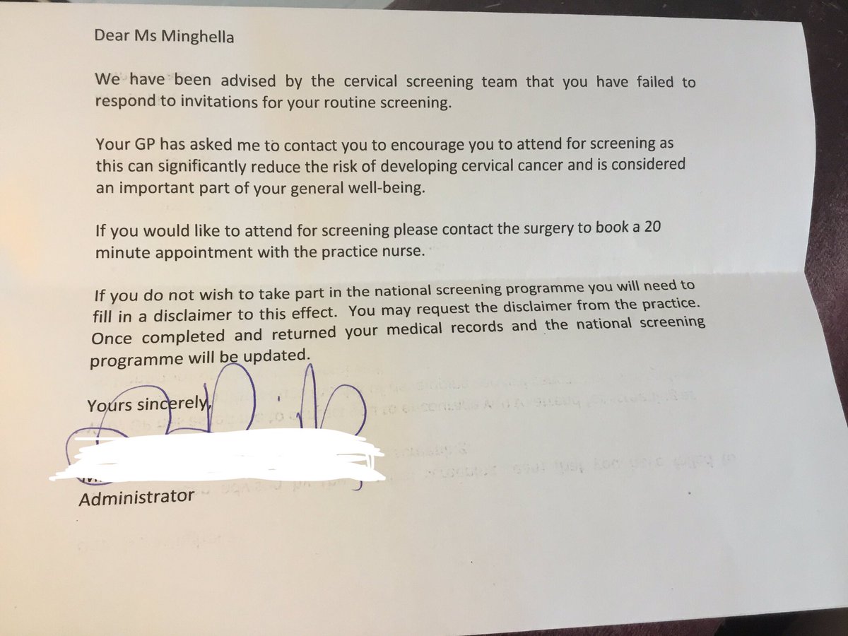edanaming's tweet image. I’m sharing this because I know I’m not the only one. 

Dear primary care services please think about how you communicate with women about #cervicalscreening.  

Letter sent to me in pic, and my suggested version in next pic.