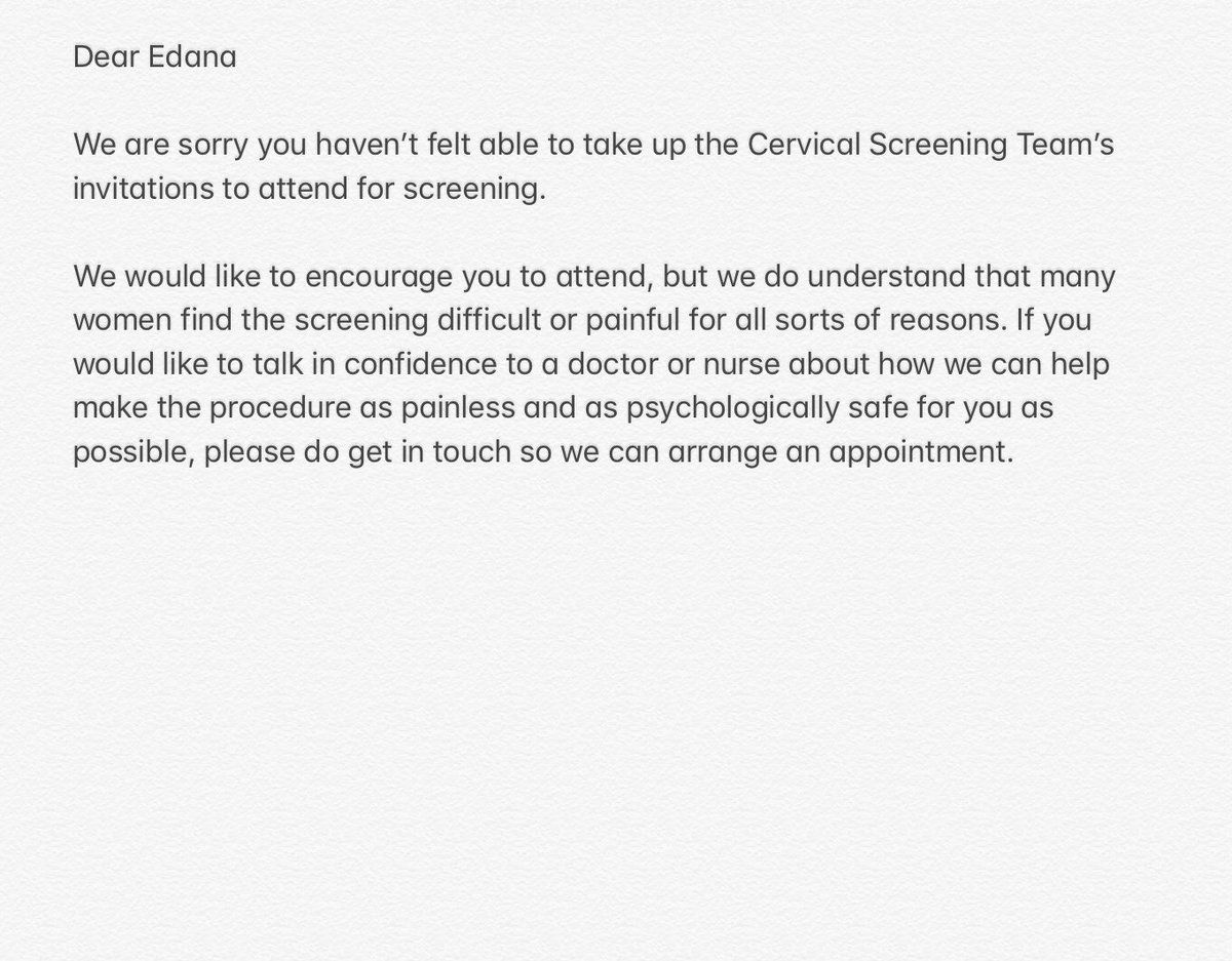 edanaming's tweet image. I’m sharing this because I know I’m not the only one. 

Dear primary care services please think about how you communicate with women about #cervicalscreening.  

Letter sent to me in pic, and my suggested version in next pic.